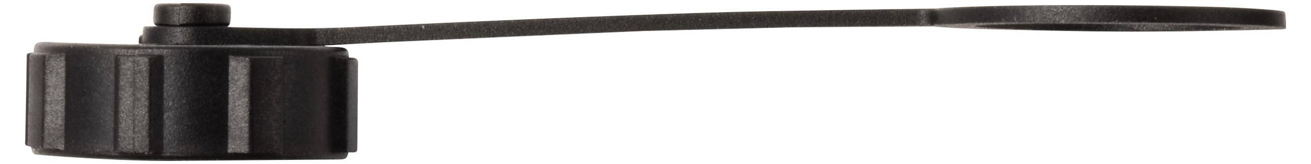 Schwarze Öleinfüllkappe mit langer Lasche zum Verschließen eines Öleinfüllstutzens, typisch für Automotoren.