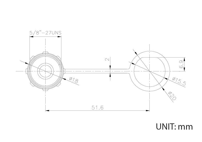 Technische Zeichnung eines mechanischen Bauteils mit Maßen in Millimetern, zeigt Kreise und Verbindungen. Links: 5/8