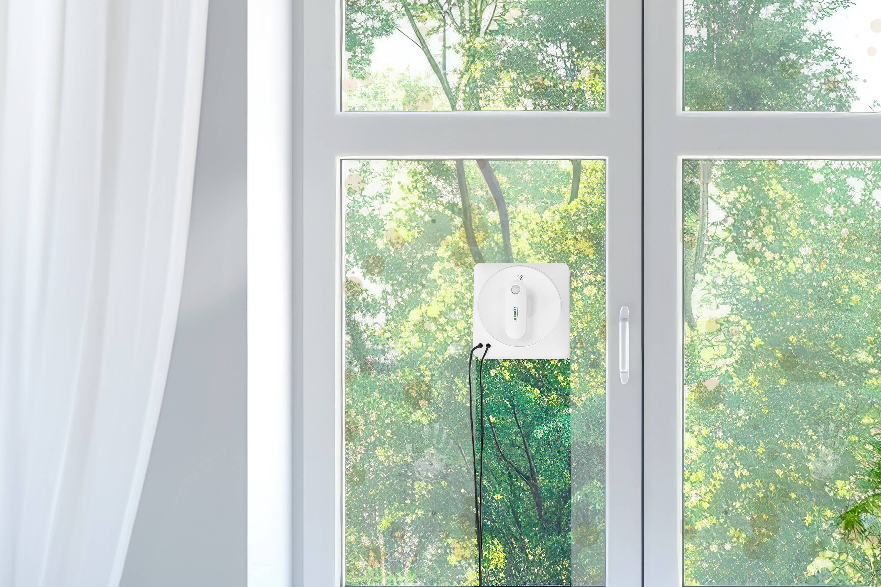 Ein automatischer Fensterreinigungsroboter ist an einer großen Glasscheibe befestigt. Draußen sind Bäume und grünes Laub sichtbar.