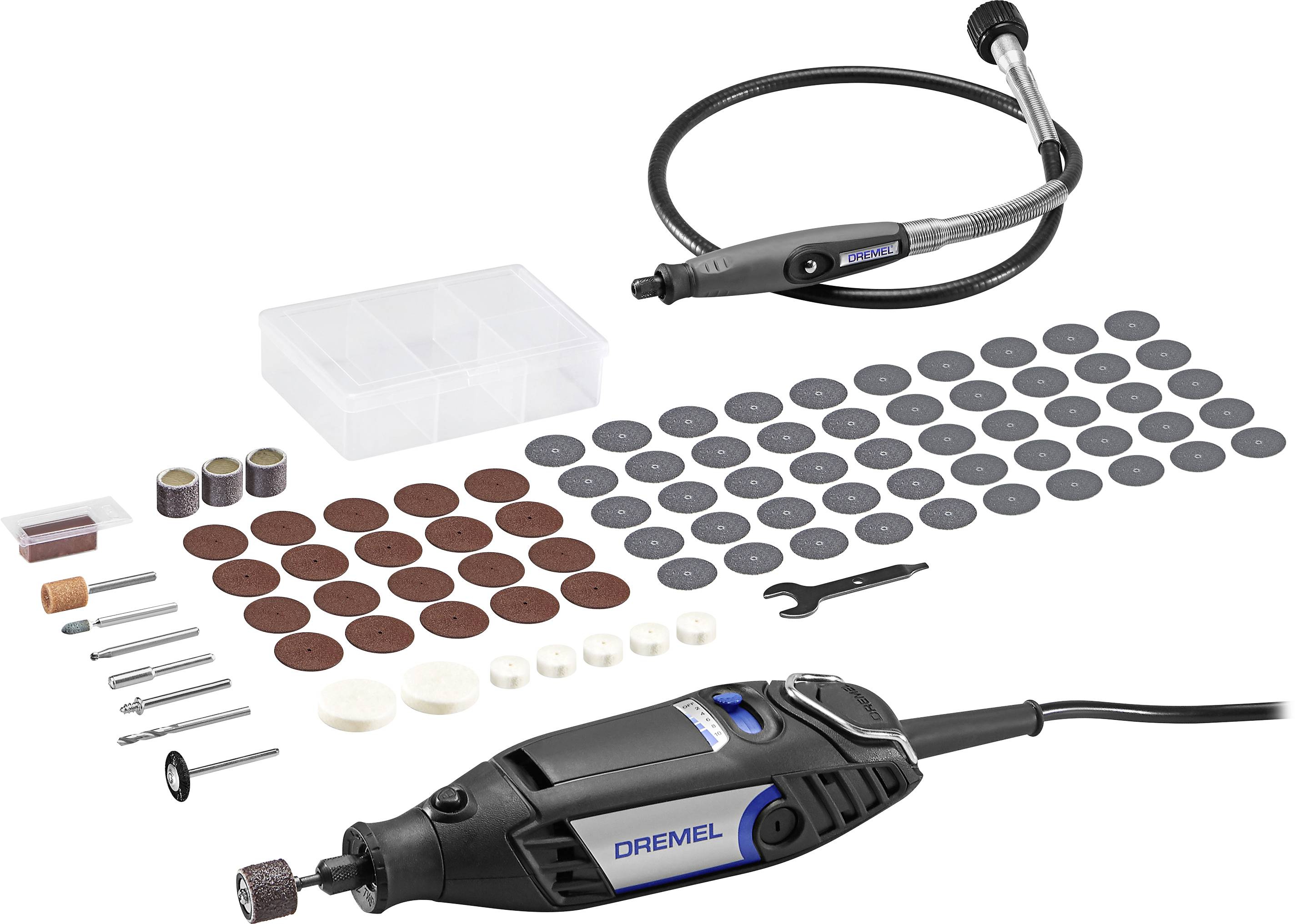 Ein Multifunktionswerkzeug mit Zubehörset, darunter Schleif-, Schneid- und Polierscheiben. Geeignet für Heimwerkerprojekte.