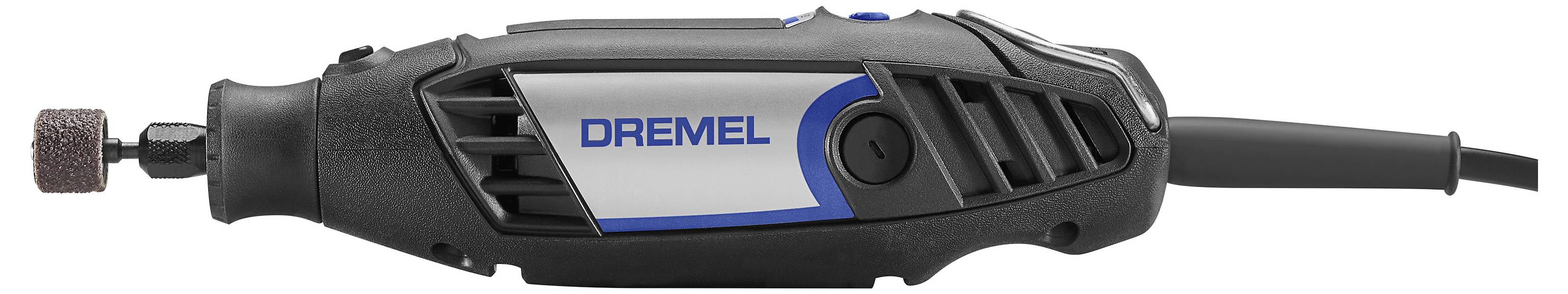 Ein elektrisches Multitool mit Schleifaufsatz, seitliche Ansicht. Das Gerät ist schwarz mit einem blauen und silbernen Akzent.