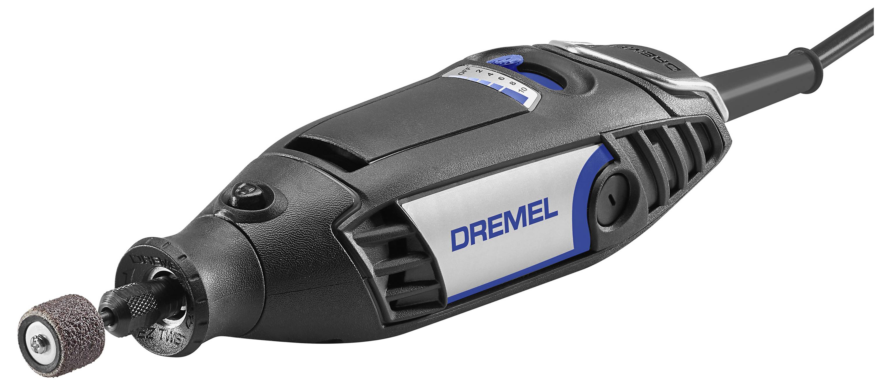 Tragbares Dremel-Werkzeug mit Aufsatz, geeignet für präzises Schleifen und Gravieren. Schwarzes Gehäuse mit grauen und blauen Akzenten.