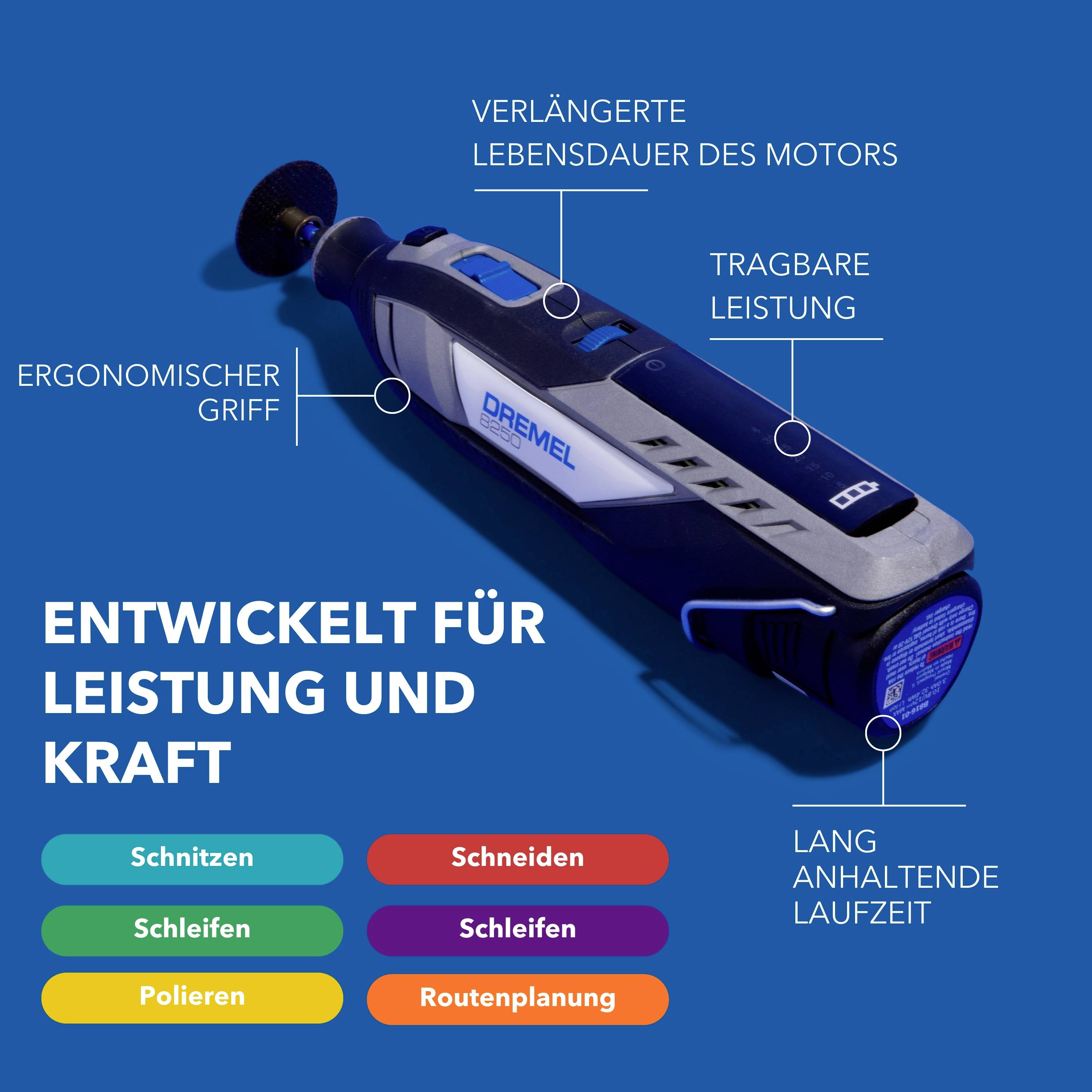 Ein blaues Multifunktionswerkzeug mit ergonomischem Griff, verlängerter Motorlebensdauer und langer Laufzeit. Text: 'Entwickelt für Leistung und Kraft'.