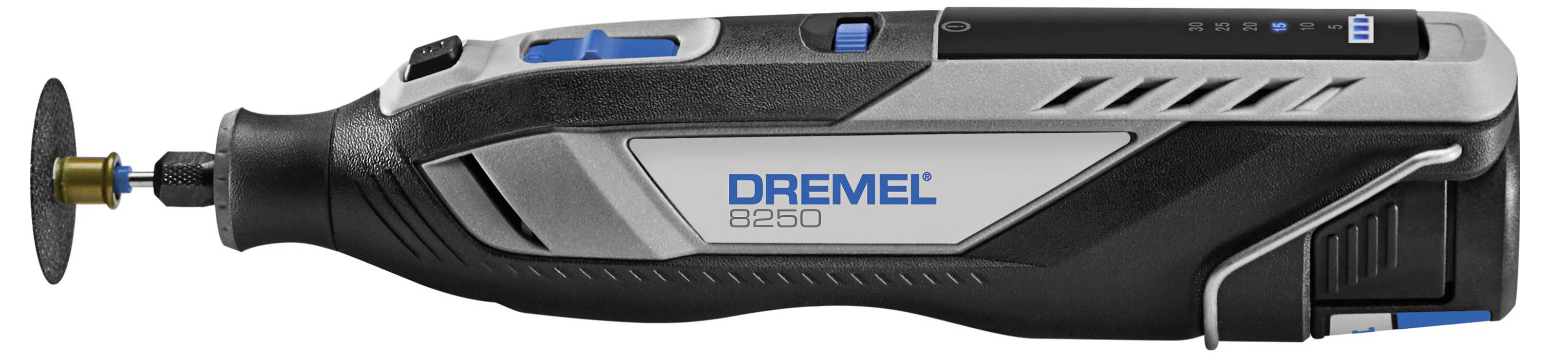 Akkubetriebener Dremel 8260 Drehschleifer in Schwarz und Silber mit Schleifscheibe und Dremel-Logo.