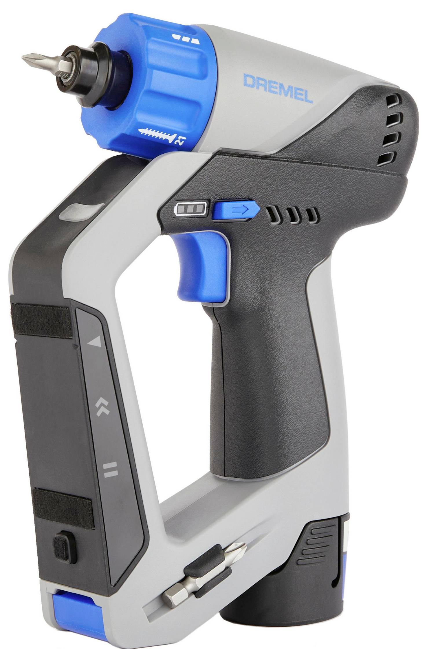 Akkuschrauber mit blauem und grauem Gehäuse, ergonomischem Griff und auswechselbarem Bohrer.