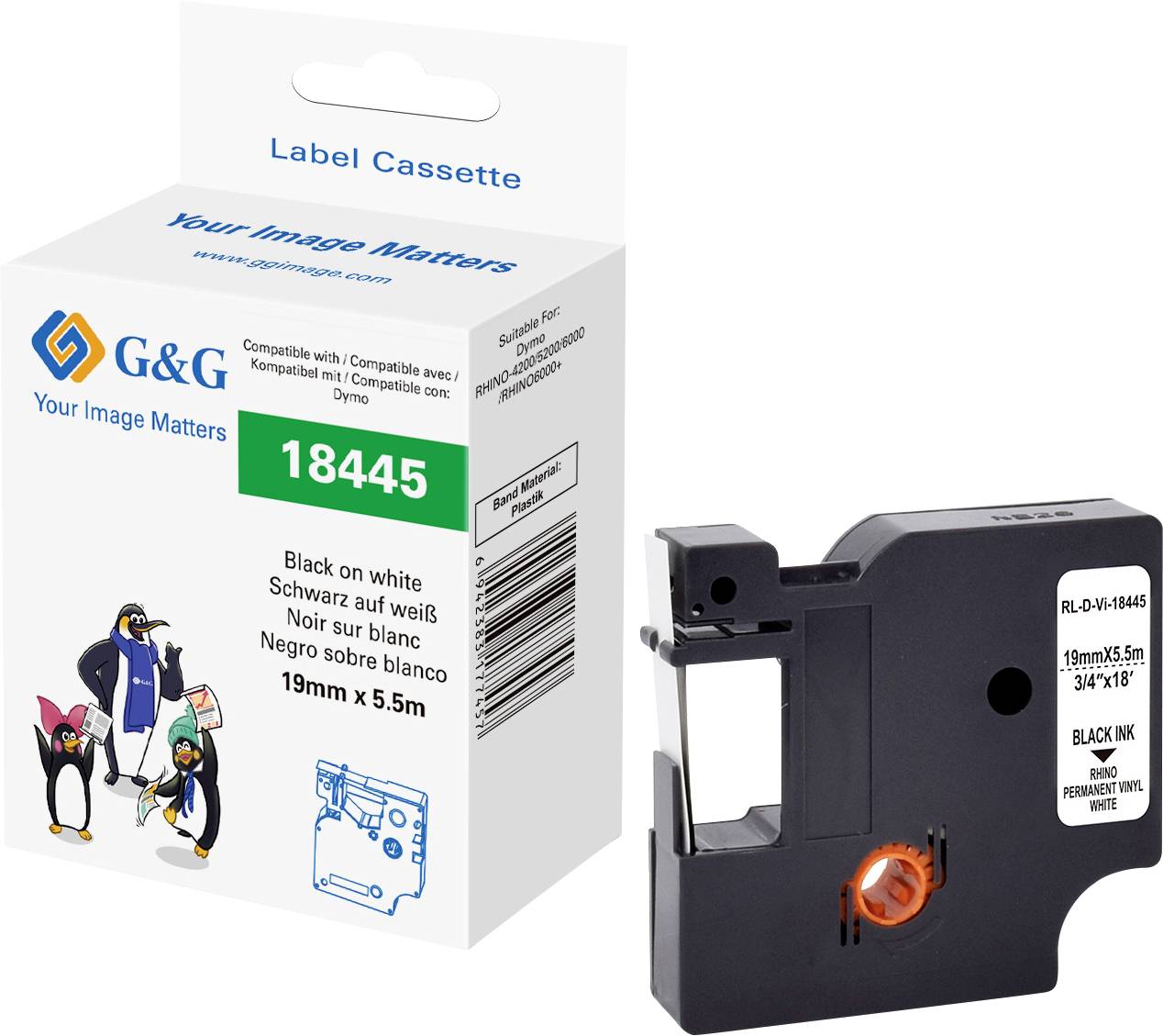 G&G Schriftband Vinyl Bandfarbe: Weiß Schriftfarbe: Schwarz 19mm 5.5m