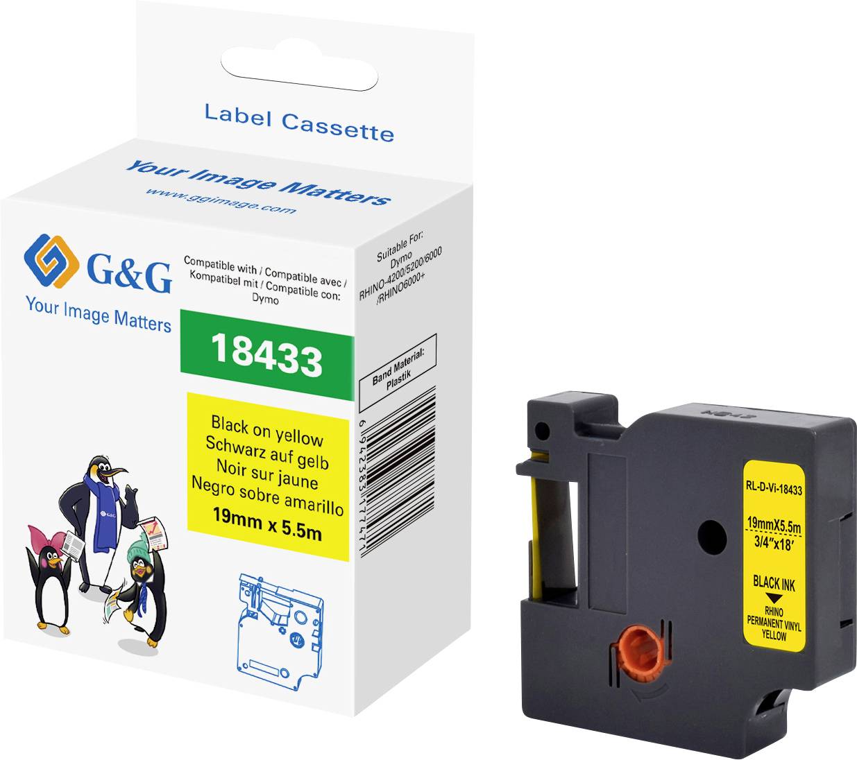 'G&G Label Cassette', schwarz auf gelb, 19mm x 5,5m. Verpackung zeigt Pinguine, Text in Deutsch, Englisch, Französisch und Spanisch.