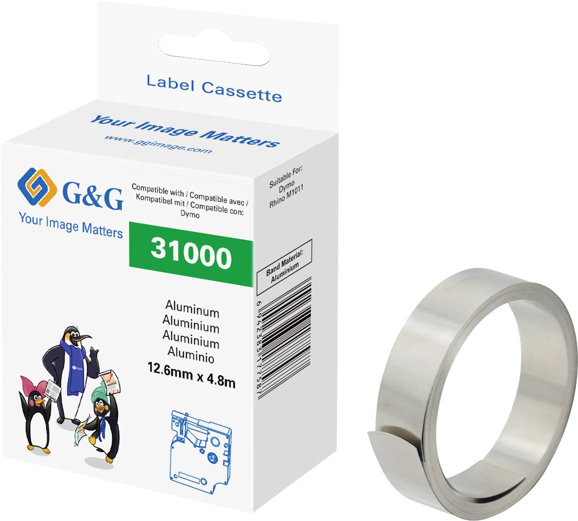Verpackung einer Label-Kassette mit der Aufschrift '31000', geeignet für Dymo. Enthält Aluminium-Band, 12,6mm x 4,8m.