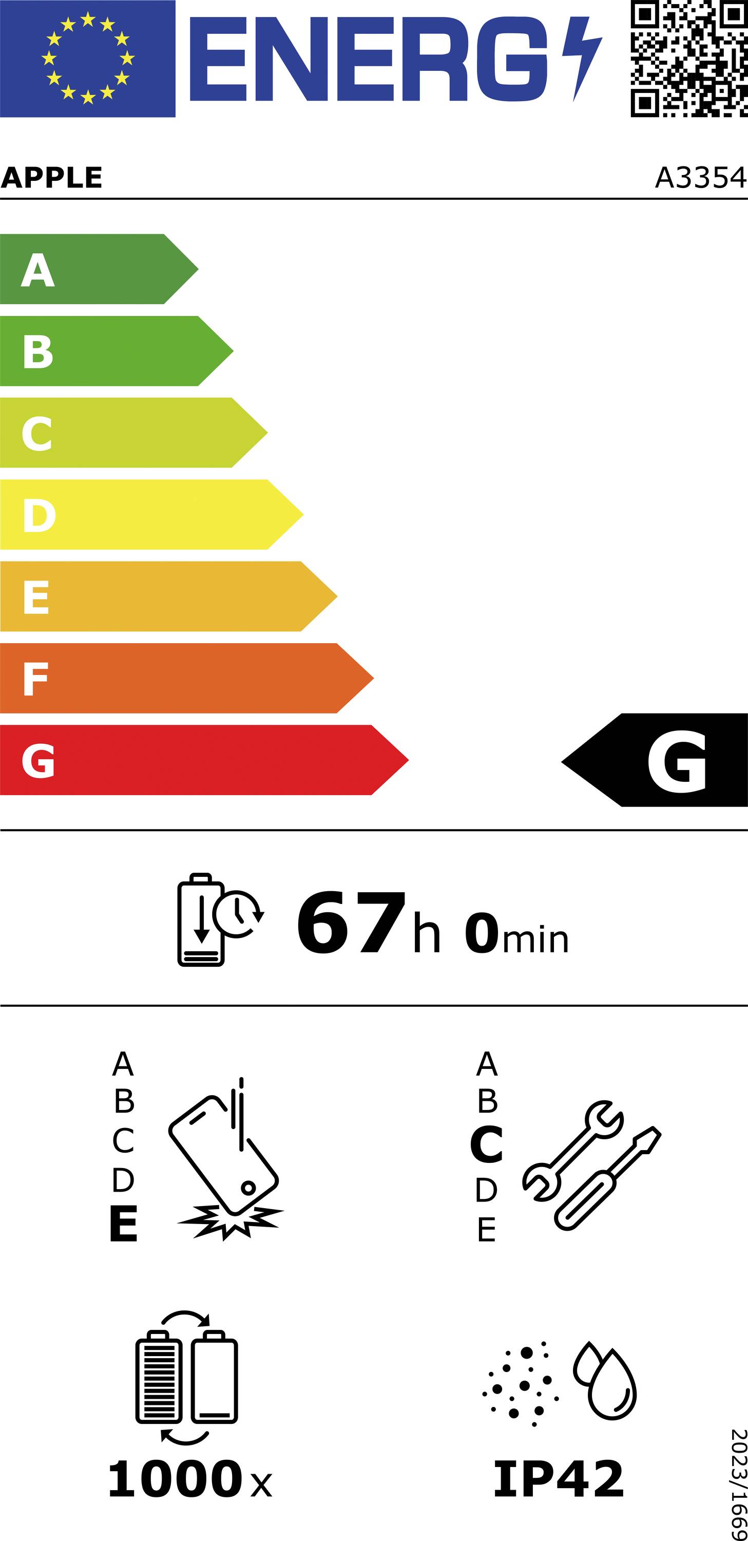 'Energieeffizienz'-Kennzeichnung mit Bewertung 'G'. Gerätename 'Apple A3354'. Merkmale: 67 Stunden Laufzeit, 1000 Batterizyklen, IP42-Schutzklasse.