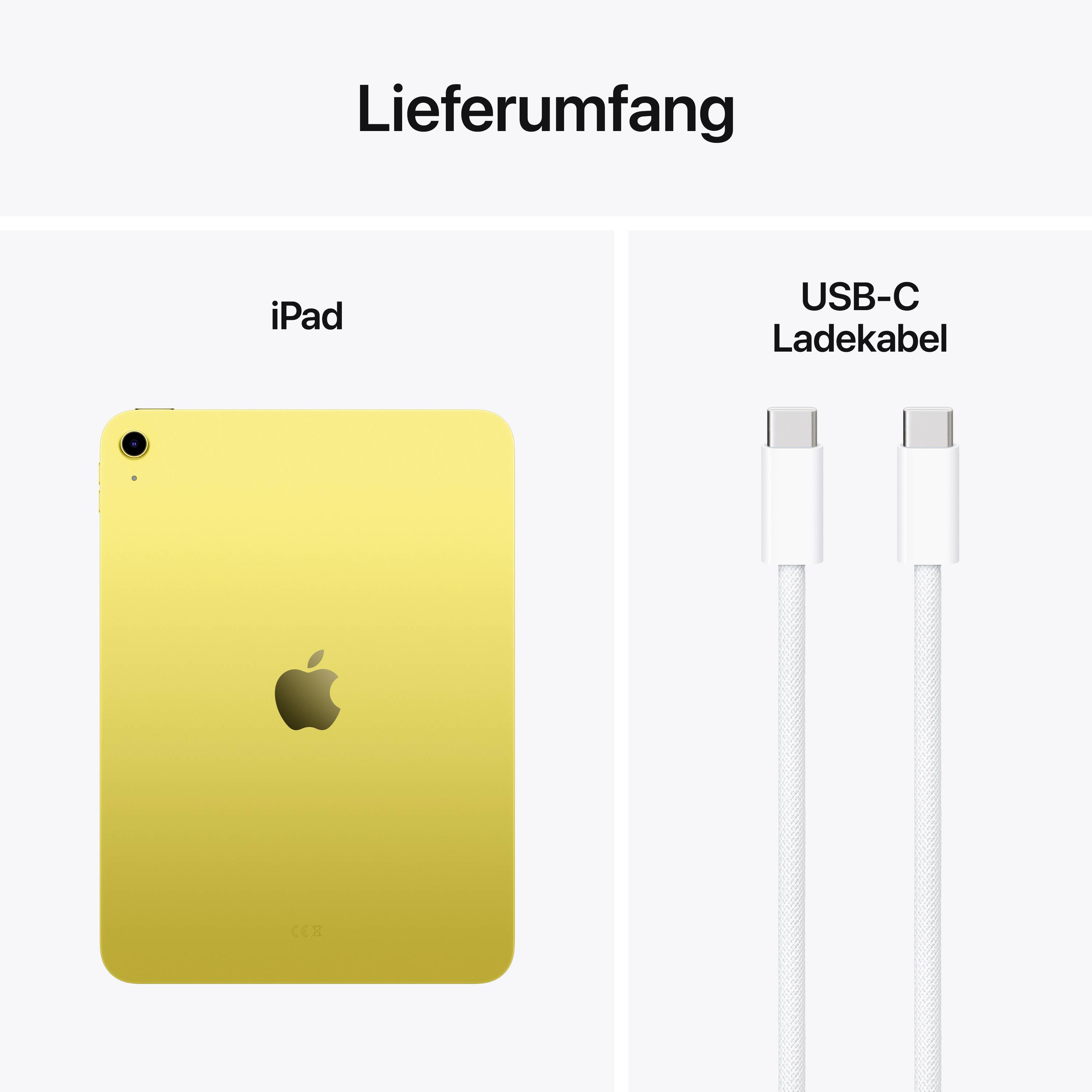 'Lieferumfang': Gelbes iPad und USB-C Ladekabel abgebildet.