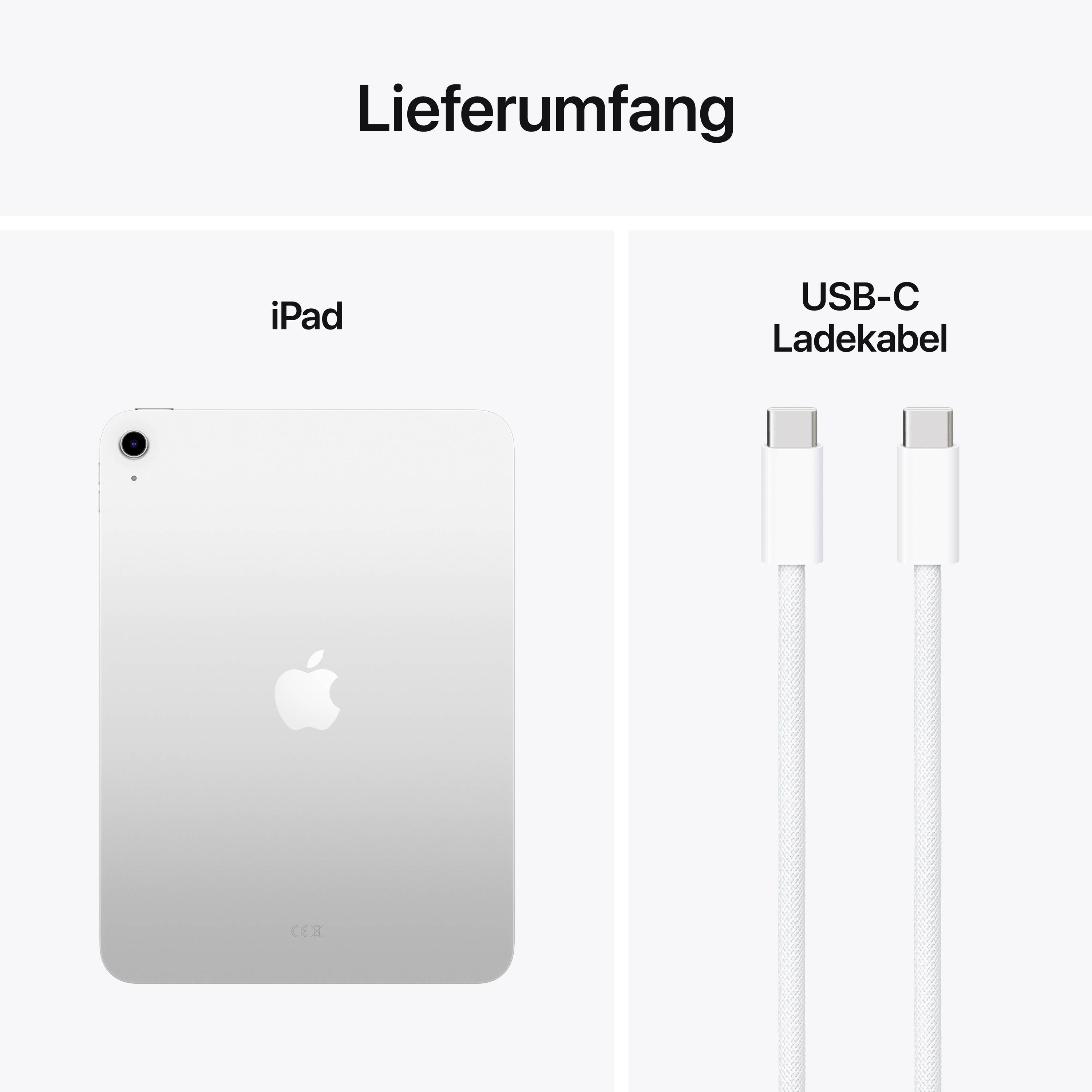 'Lieferumfang: iPad und USB-C Ladekabel' auf weißem Hintergrund. Das iPad zeigt die Rückseite mit dem Apple-Logo.