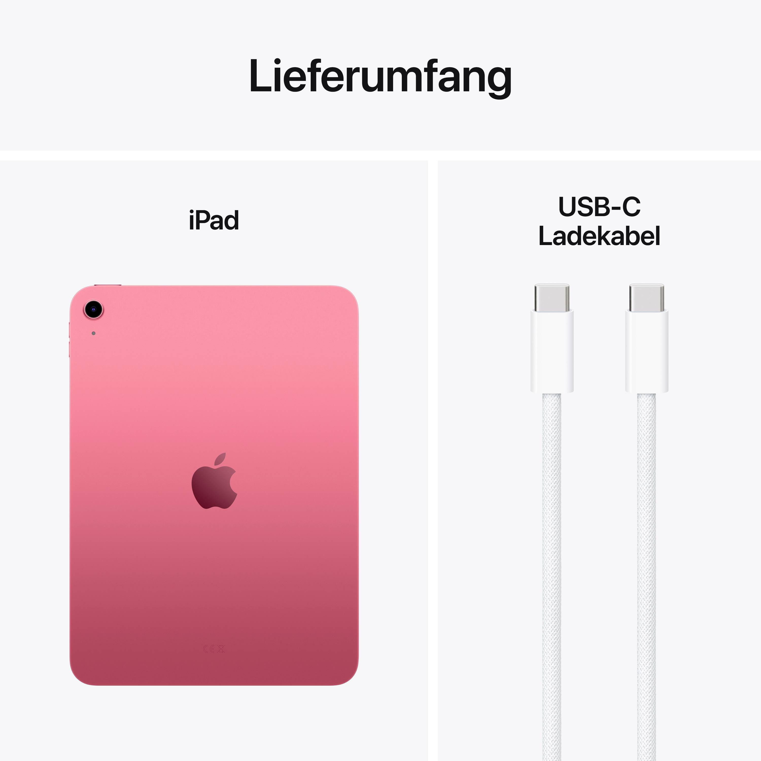 'Lieferumfang' zeigt ein iPad in Pink und ein USB-C Ladekabel.
