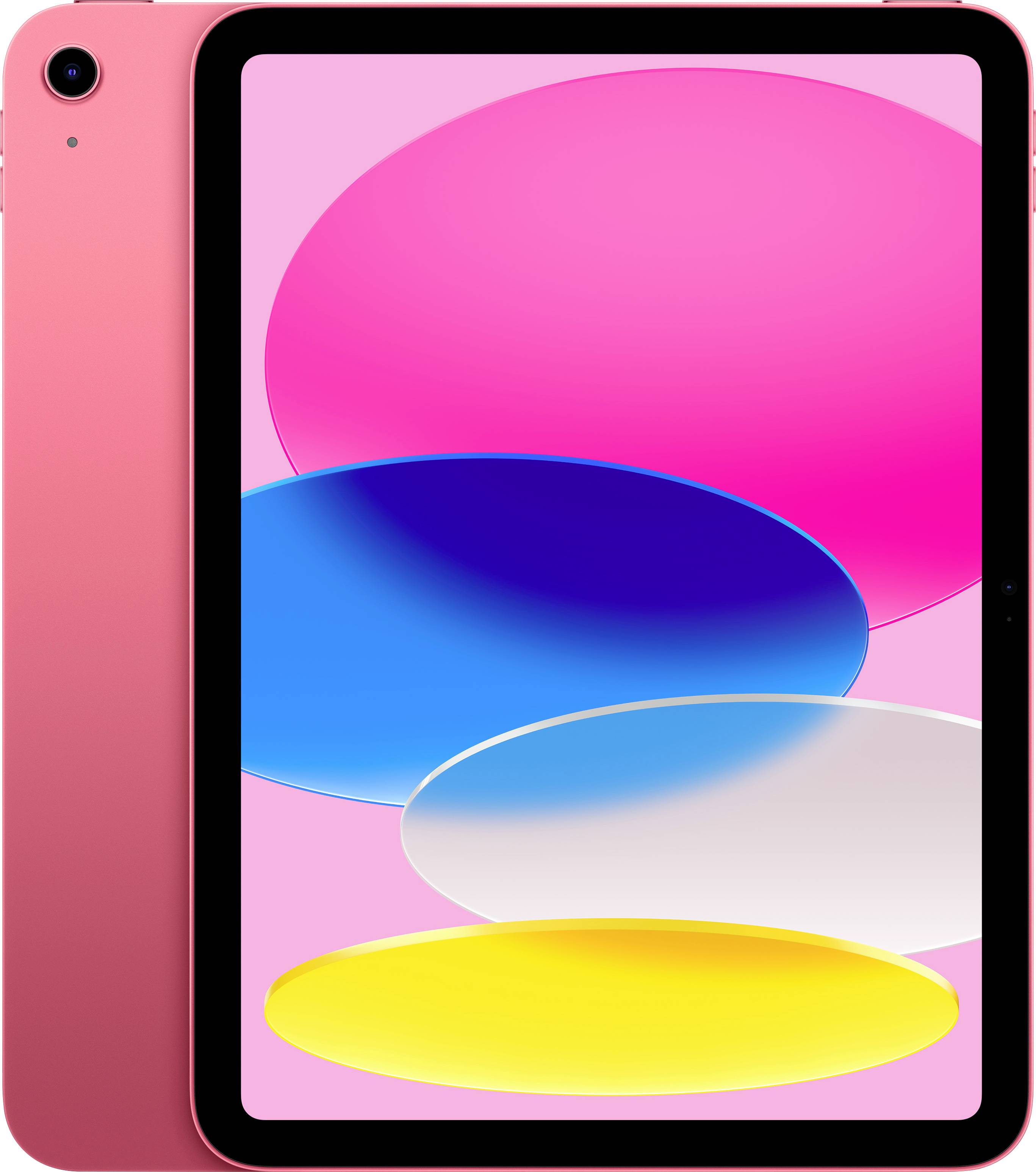 Ein pinkfarbenes Tablet mit einem Bildschirm, der bunte ovale Formen zeigt, vor einem pinken Hintergrund.