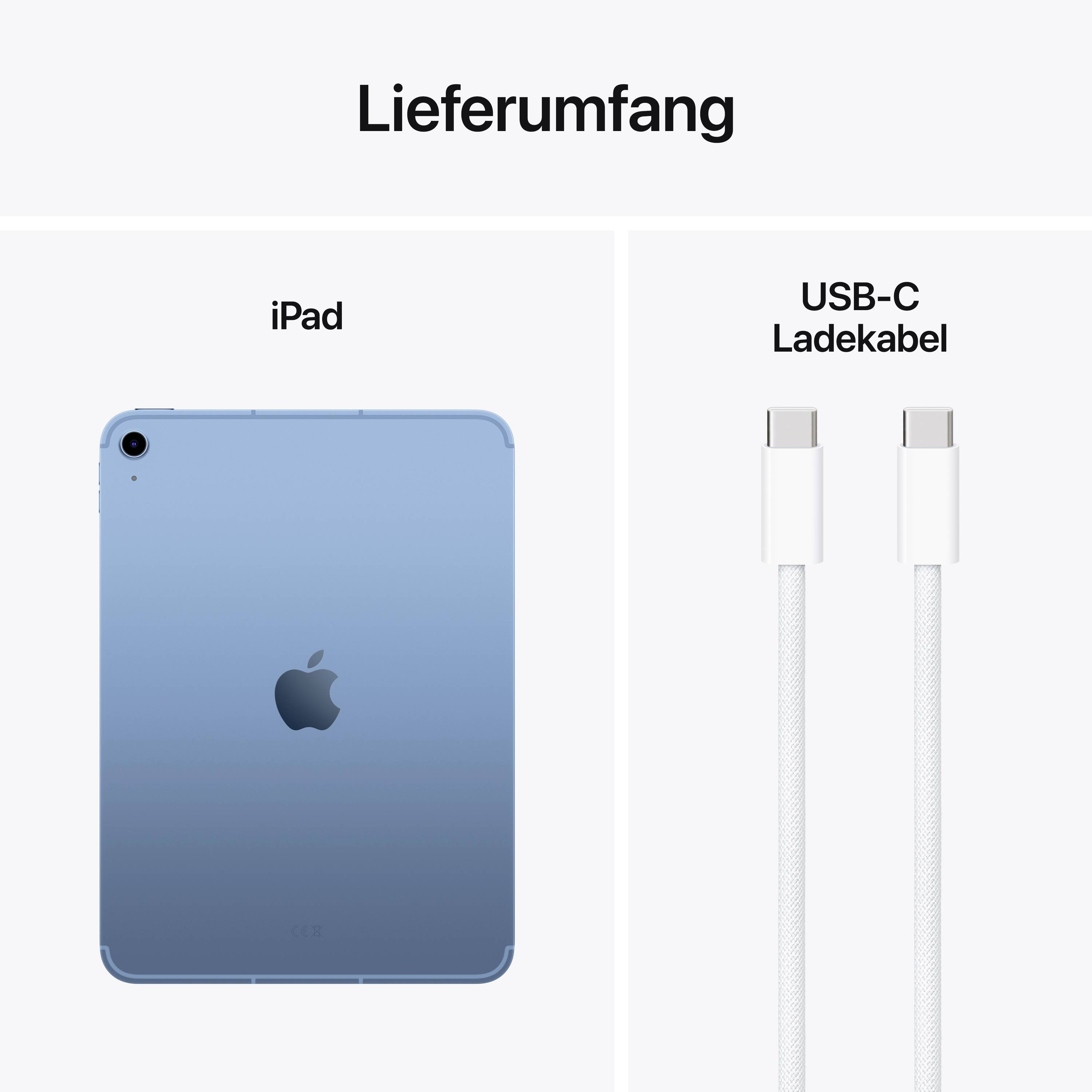 'Lieferumfang' zeigt ein blaues iPad und ein USB-C Ladekabel.