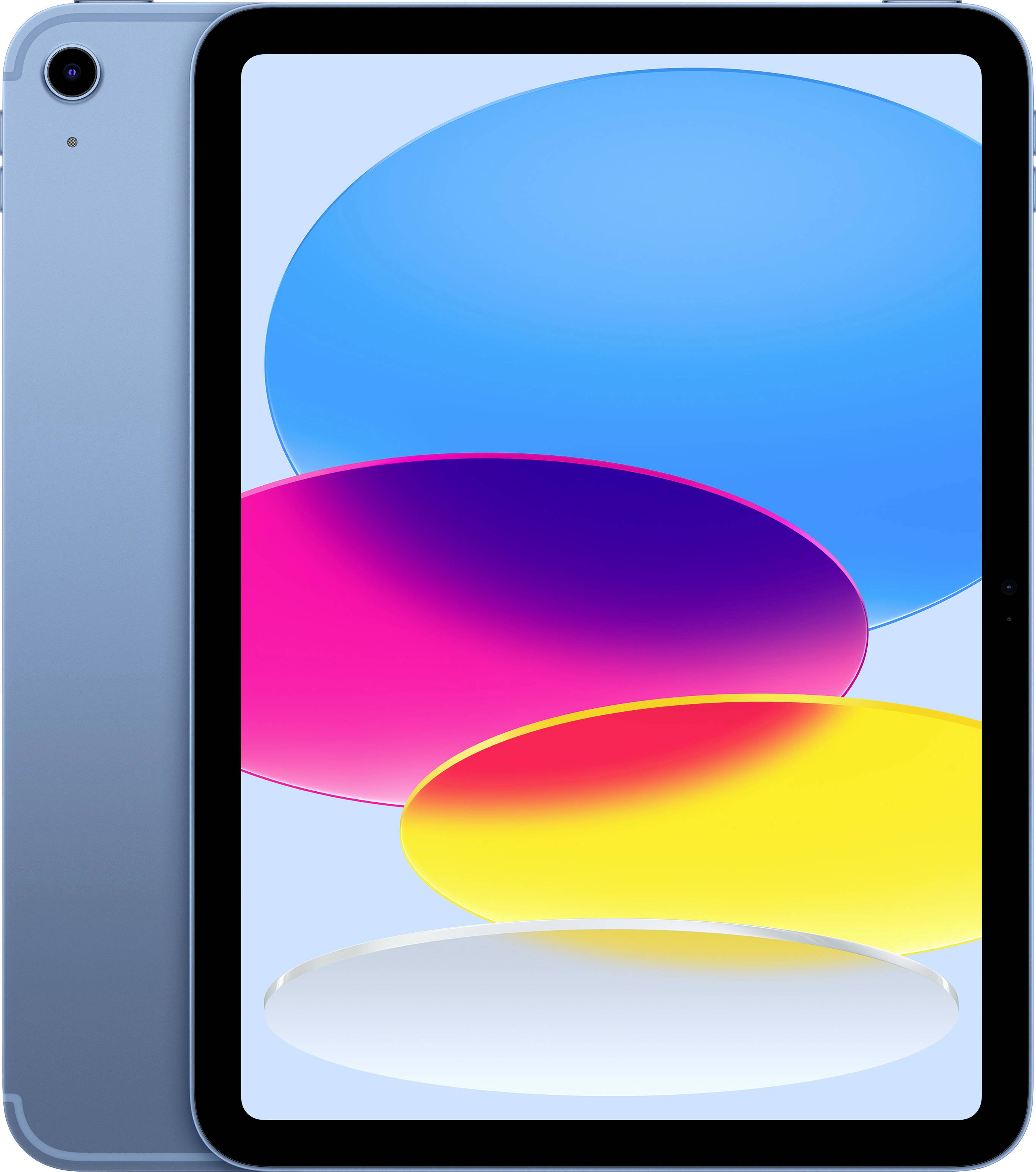 Ein Tablet mit blauem Gehäuse und farbenfrohem Display. Das Display zeigt überlappende ovale Formen in Blau, Pink, Gelb und Weiß.