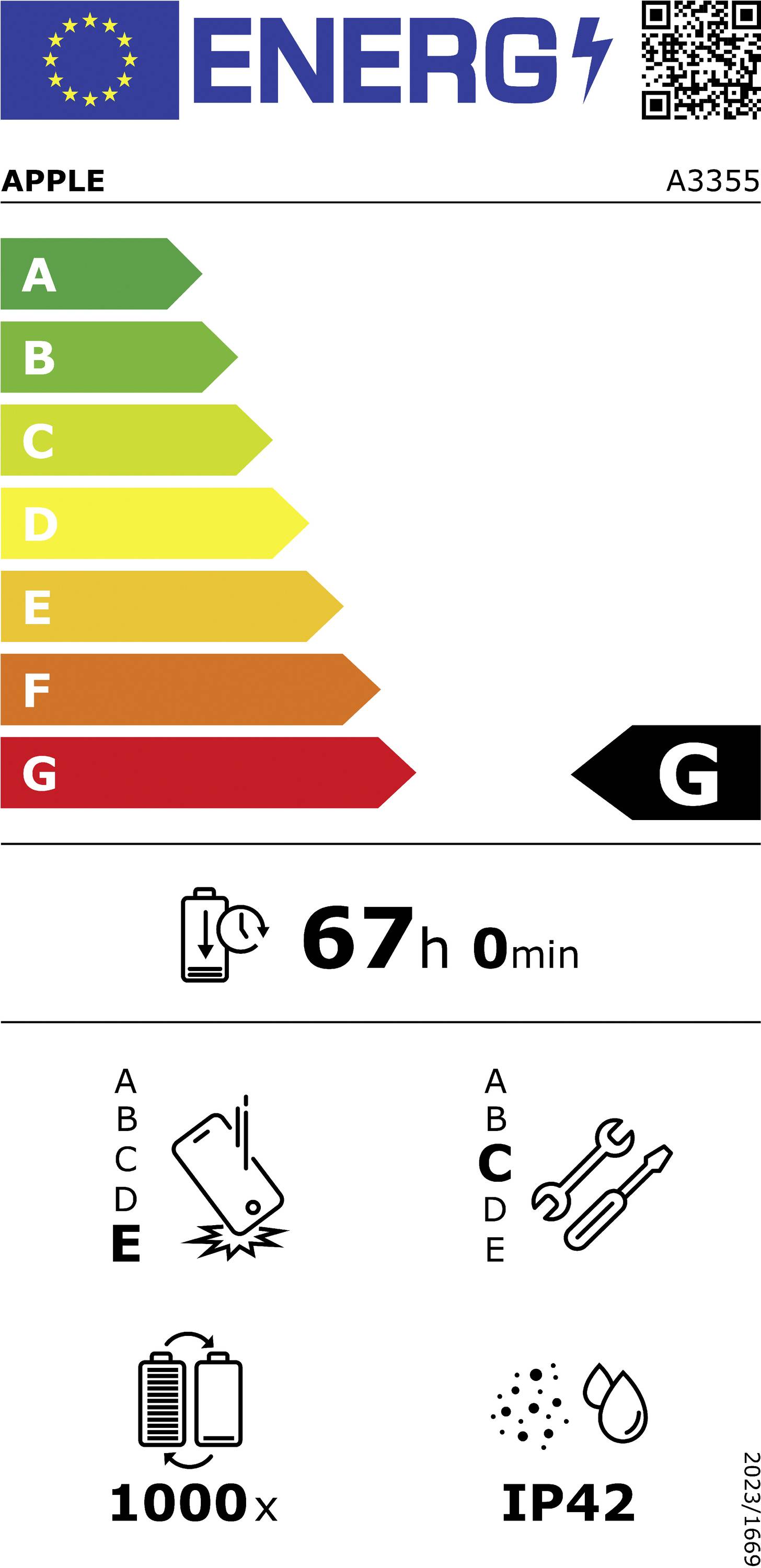 Energielabel für Apple A3355 mit Effizienzklasse G. Nutzungszeit: 67 Stunden 0 Minuten. Batteriezyklen: 1000x. Schutzart: IP42.