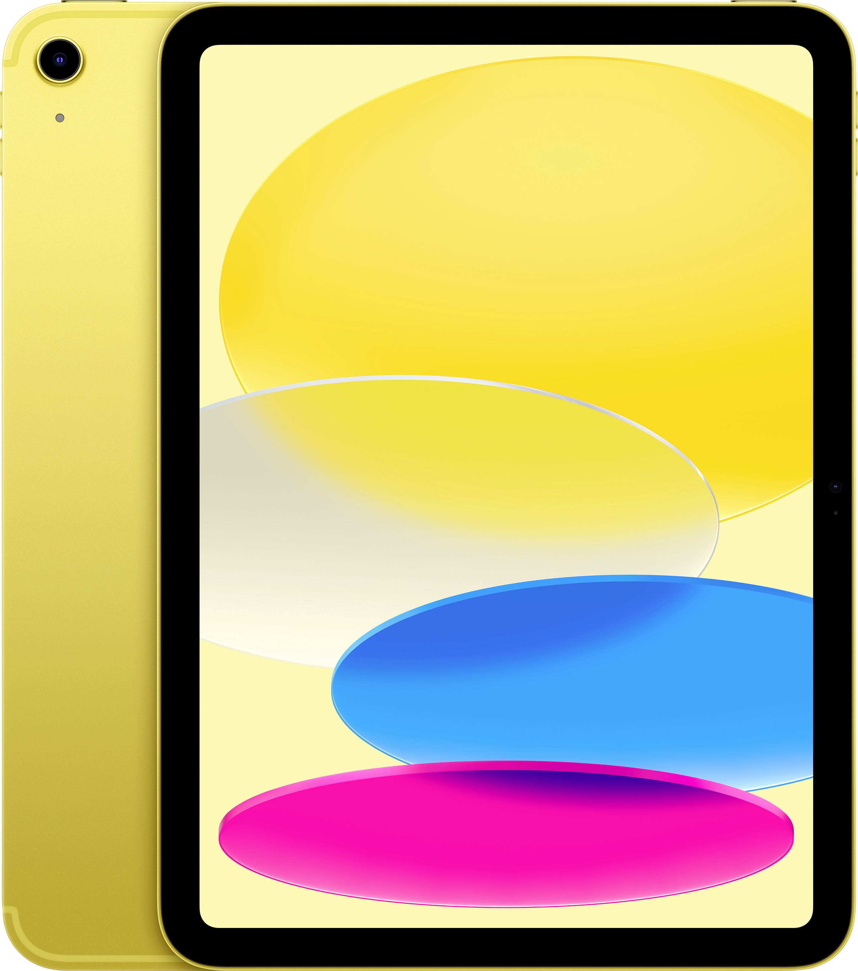 Gelbes Tablet mit Einschaltknopf, Display zeigt bunte Ovale in Gelb, Weiß, Blau und Pink.