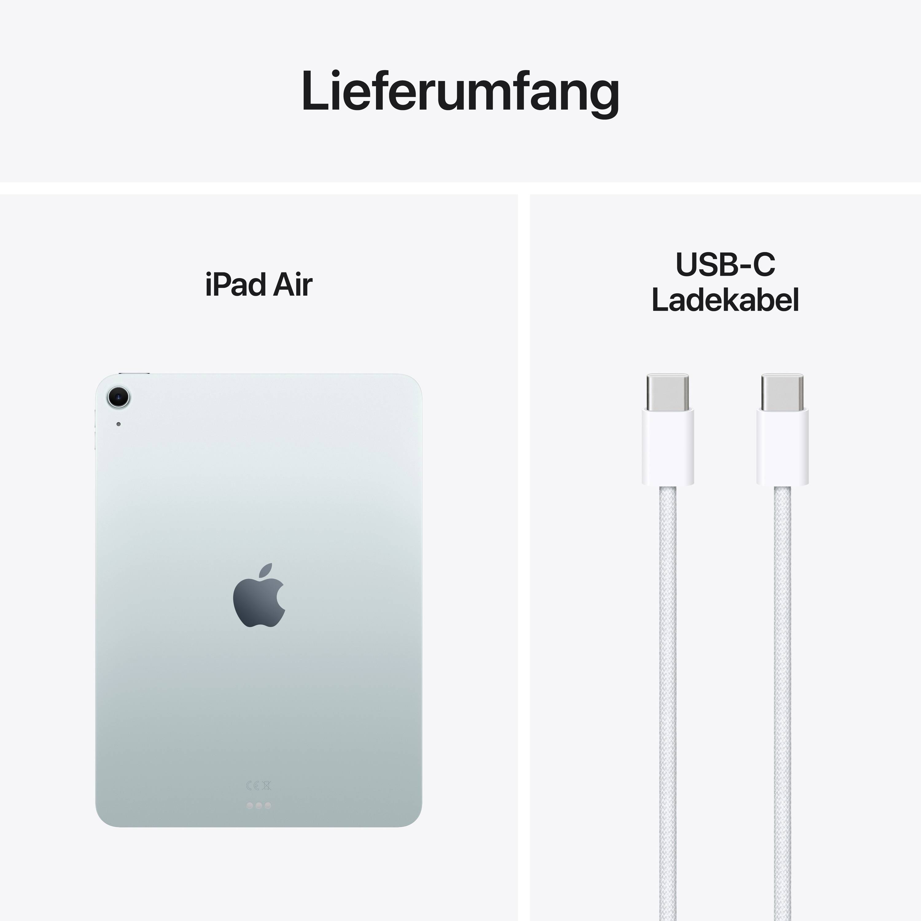 Lieferumfang: iPad Air in Blau und USB-C-Ladekabel.