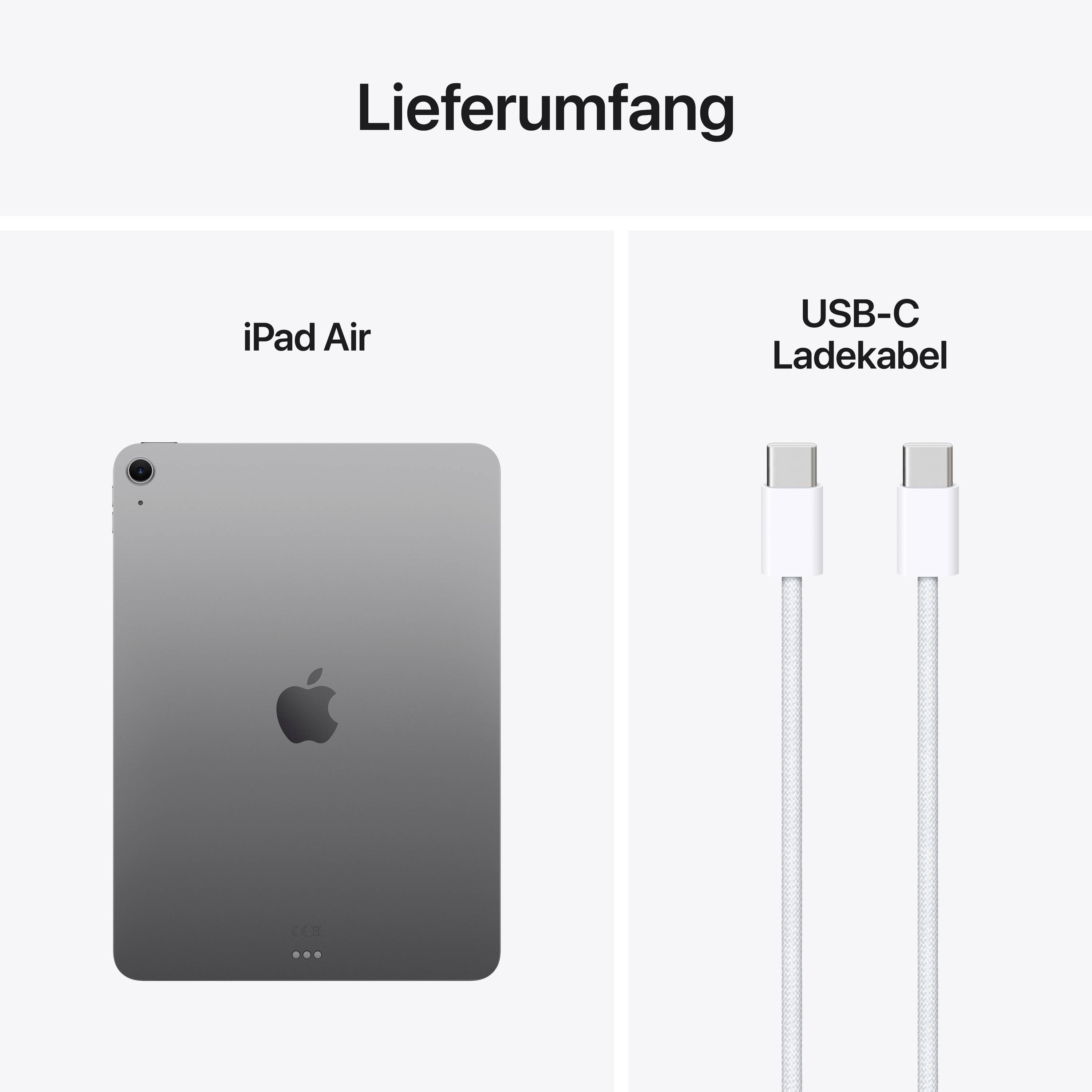 Lieferumfang: iPad Air in Space Grau und ein USB-C Ladekabel. Perfekt für schnelles Aufladen und effiziente Nutzung.