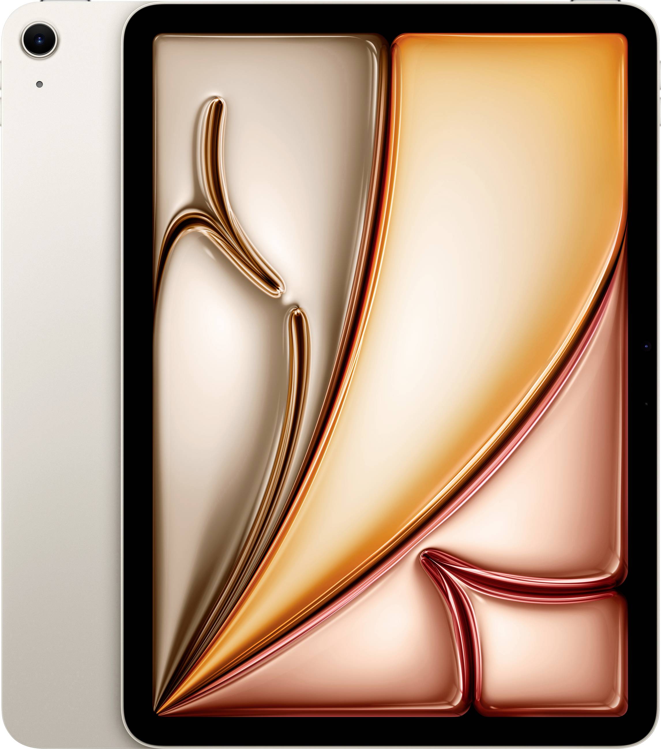 Ein Tablet mit einem leuchtenden, abstrakten Hintergrund in Orange- und Brauntönen, der geschwungene Linien und Formen zeigt.