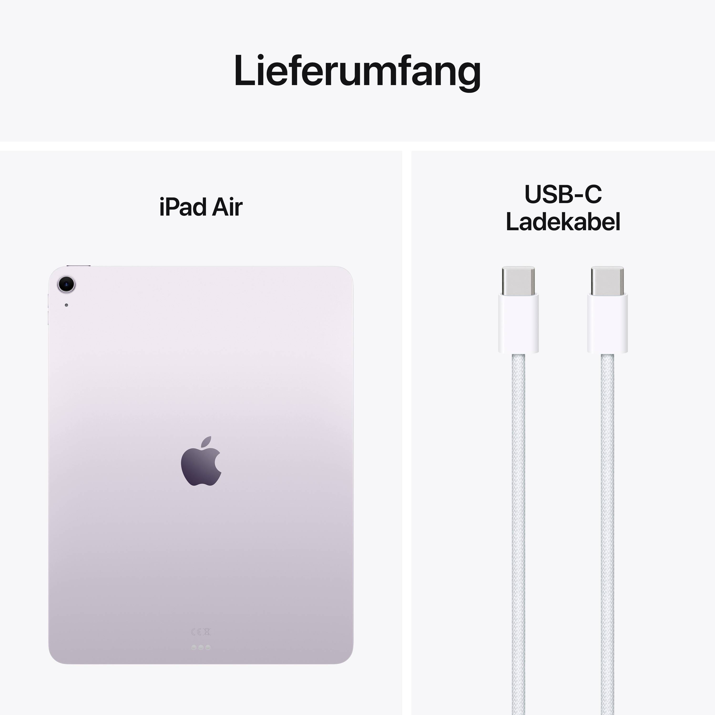 'Lieferumfang' zeigt ein iPad Air von hinten und ein USB-C-Ladekabel.