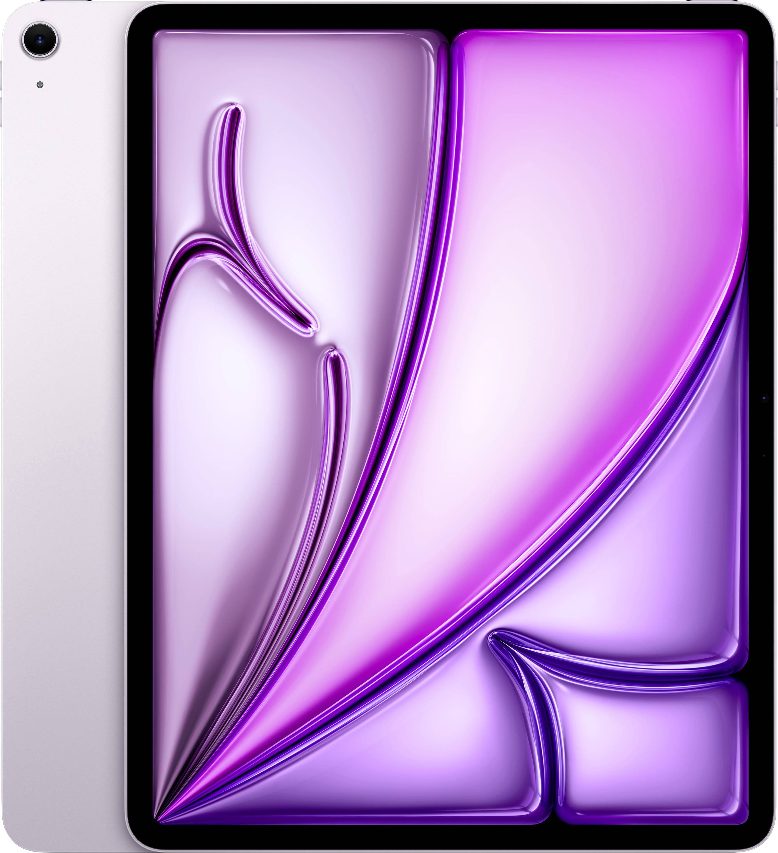 Tablet mit einem abstrakten lilafarbenen Bildschirmhintergrund, der geschwungene Linien und Formen zeigt.