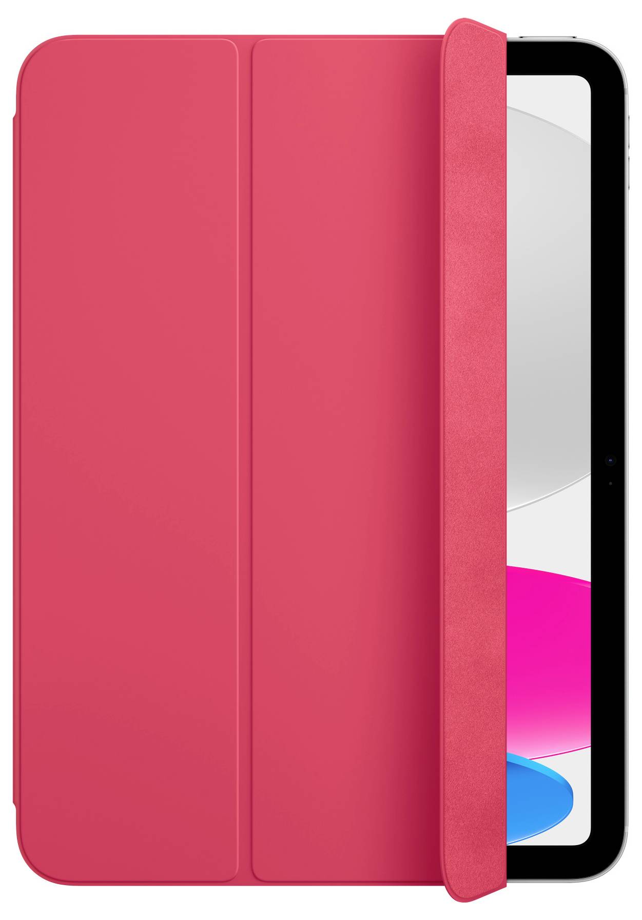 Rotes Tablet-Cover, teilweise geöffnet, zeigt ein Tablet mit schwarzem Rand und sichtbarem Bildschirm.