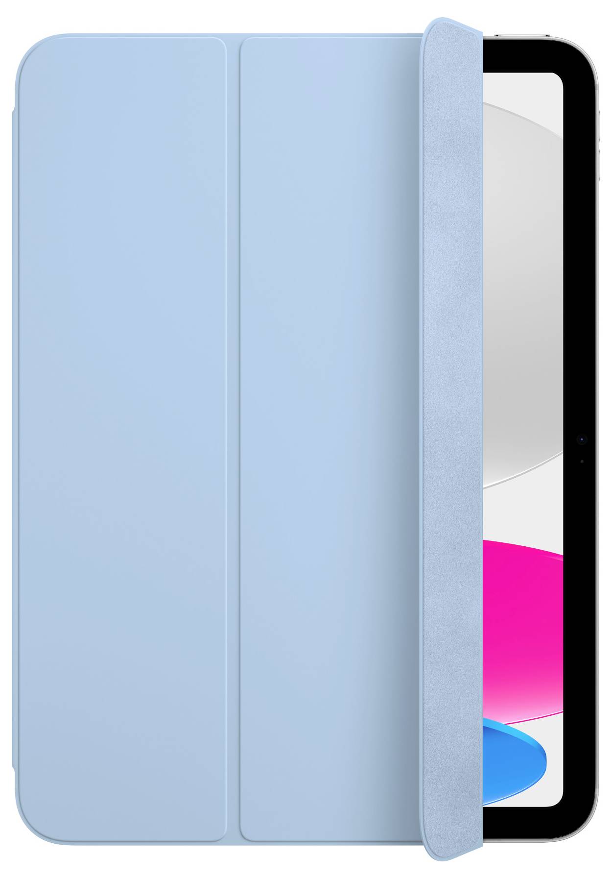 Ein Tablet mit einer blauen Schutzhülle, die teilweise geöffnet ist, zeigt einen weißen Bildschirmrand und bunte Icons auf dem Display.