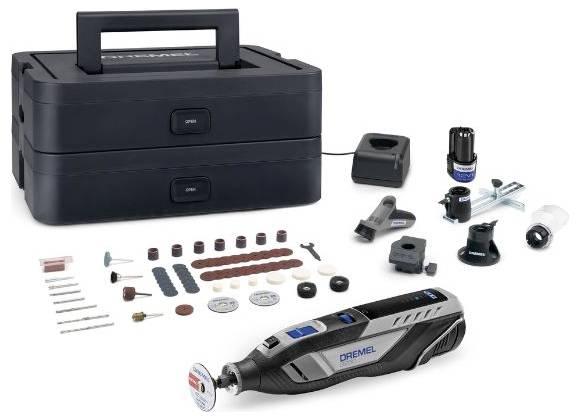 Ein multifunktionales Drehwerkzeug-Set mit Zubehör wie Schleifscheiben, Bohrer und Aufsätzen. Enthält eine Aufbewahrungsbox.