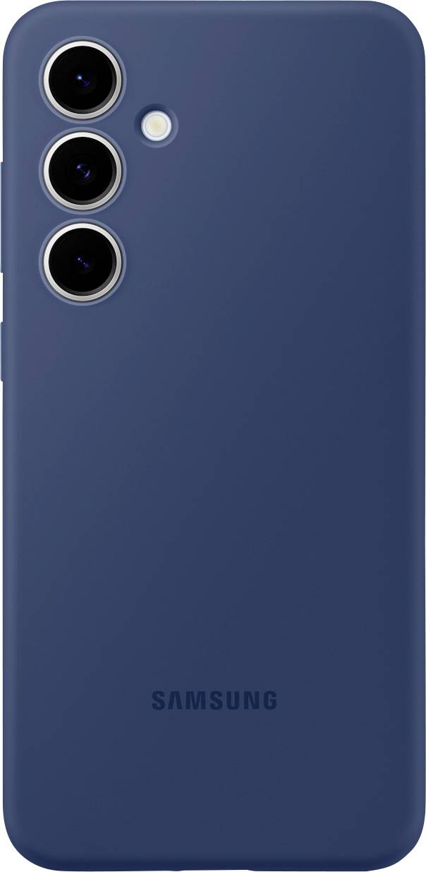 Ein blaues Samsung-Smartphone von hinten gezeigt, mit drei Kameralinsen und einem Blitz in vertikaler Anordnung links oben.