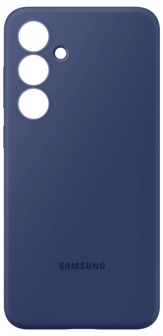 Eine dunkelblaue Smartphone-Hülle mit drei großen und einem kleinen Kamera-Ausschnitt. 'Samsung' steht unten auf der Hülle.