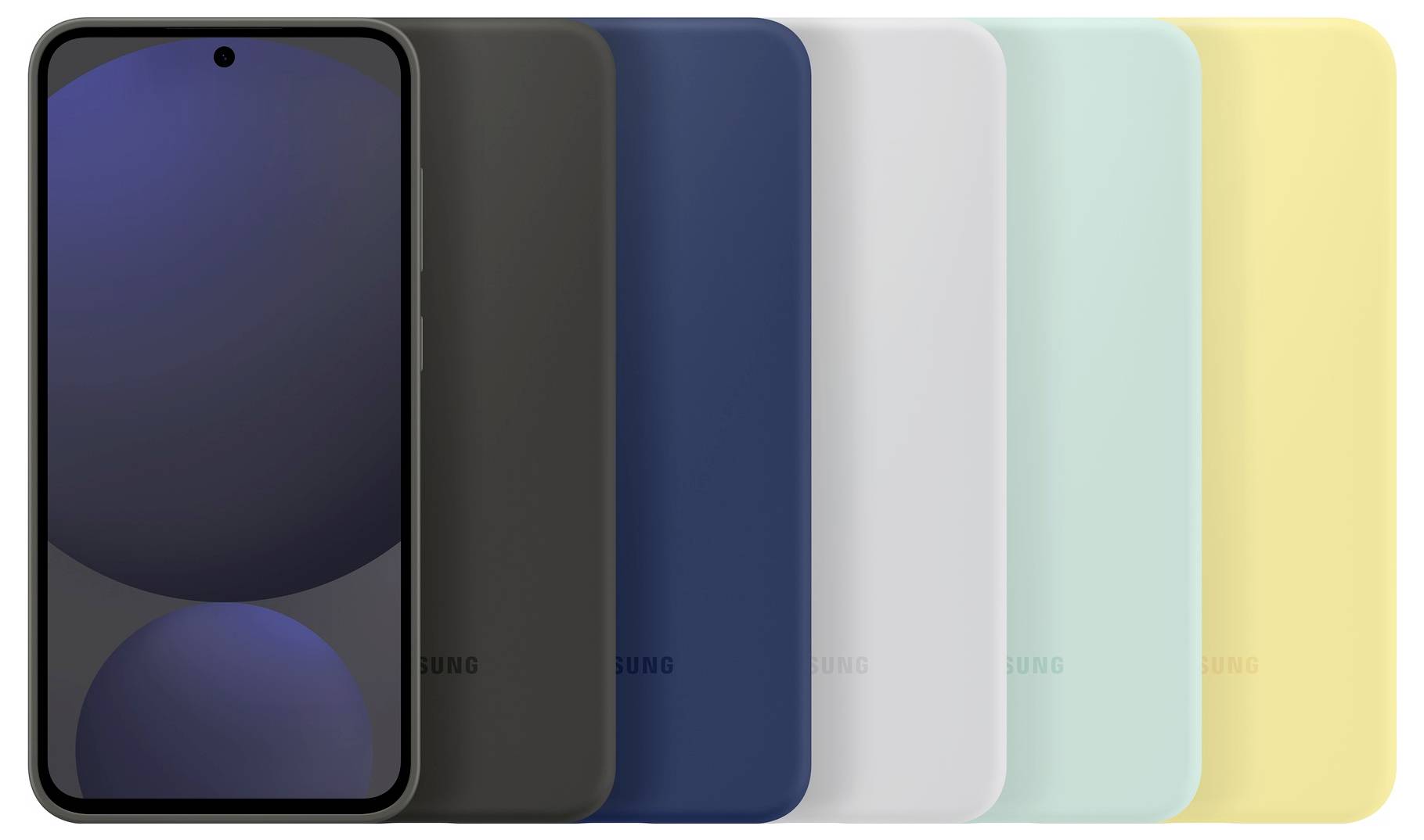 Fünf Smartphones in verschiedenen Farben (schwarz, blau, weiß, grün, gelb) sind nebeneinander aufgestellt. Hauptfokus liegt auf dem Design.