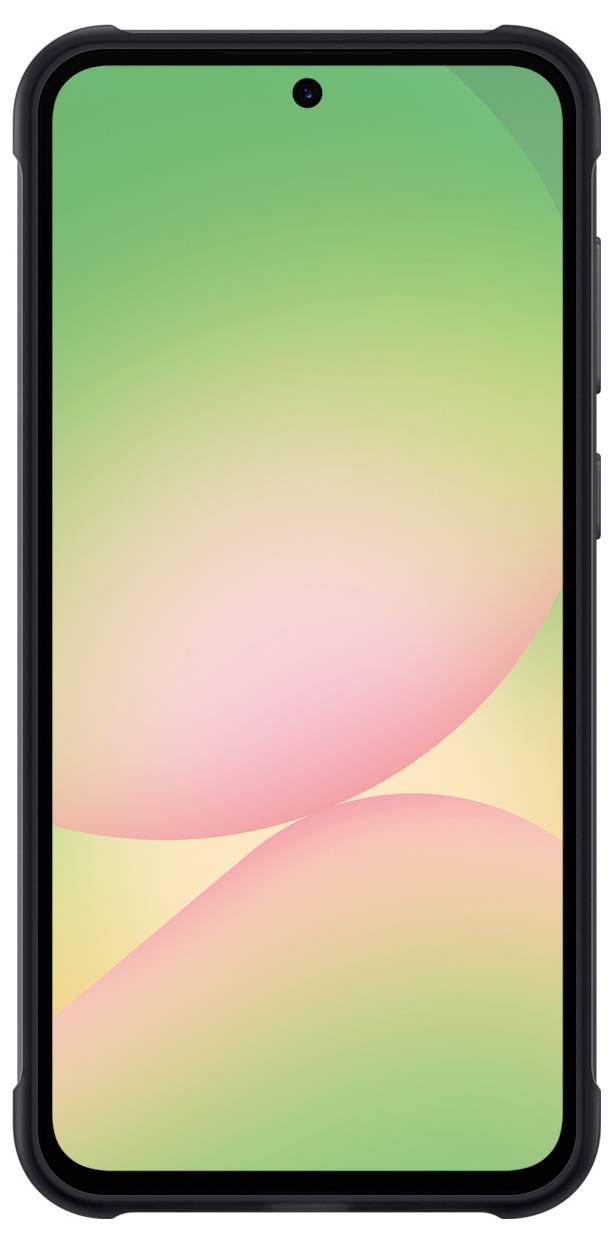 Ein Smartphone mit einem farbenfrohen Bildschirm und schwarzem Gehäuse. Der Bildschirm zeigt einen Farbverlauf von Grün zu Rosa.