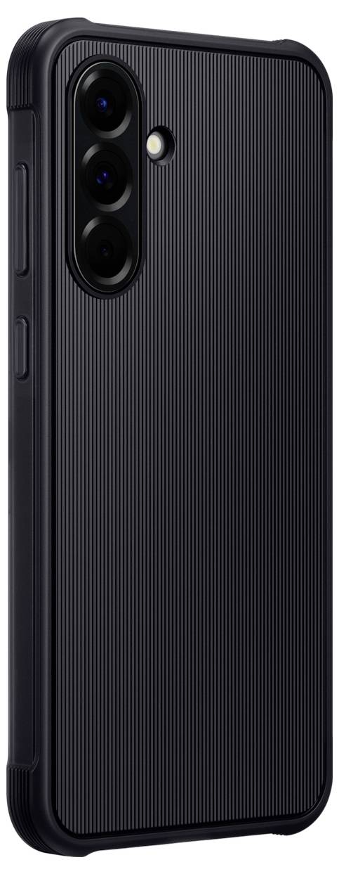 Schwarzes Smartphone mit geriffelter Schutzhülle, drei Kameralinsen und Blitz hinten.