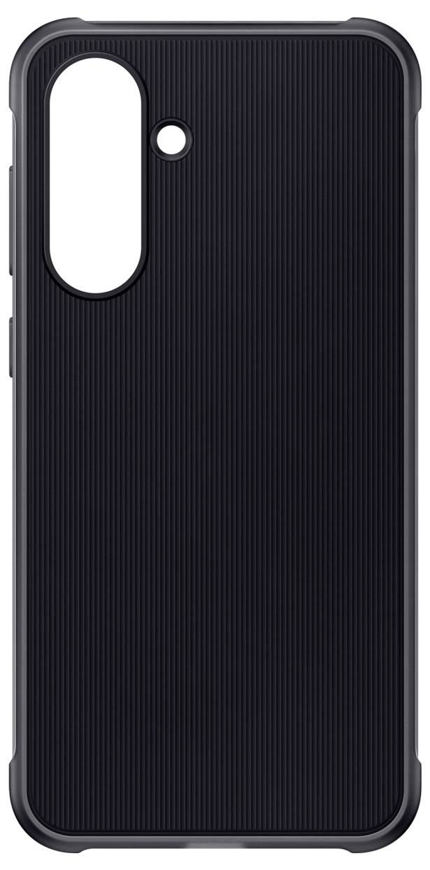 Schwarze Handyhülle mit strukturiertem Design, Rückansicht, vertikales Kameraausschnitt. Schutz für Smartphone.