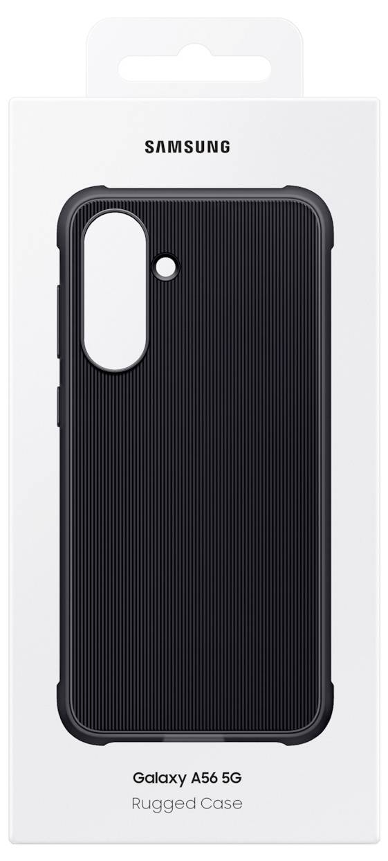 Verpackung einer robusten Handyhülle für das Samsung Galaxy A56 5G, mit einem Bild der schwarzen Hülle und Produktinformationen.