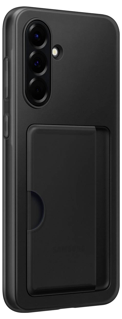 Schwarzes Smartphone in einer Hülle mit integrierter Kartenhalterung auf der Rückseite. Rückkamera mit drei Linsen sichtbar.