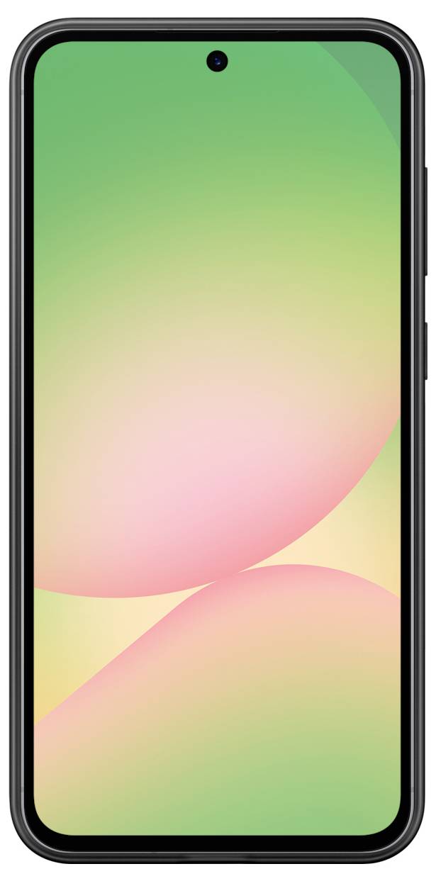 Ein Smartphone mit einem Bildschirm, der leuchtende Grün- und Rosatöne zeigt. Das Gerät hat ein zentrales Loch für die Frontkamera.