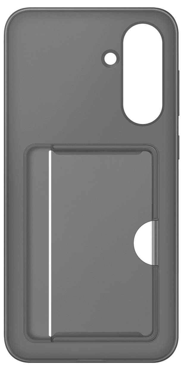 Graue Handyhülle mit integriertem Fach für eine Karte, passende Aussparungen für Kamera und Tasten auf der rechten Seite.