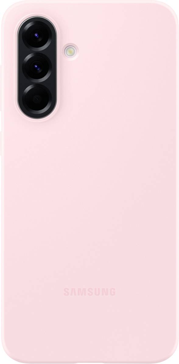 Ein rosa Smartphone-Rückseite mit drei Kameraobjektiven und einem LED-Blitz oben links, darunter das eingravierte 'Samsung'-Logo.