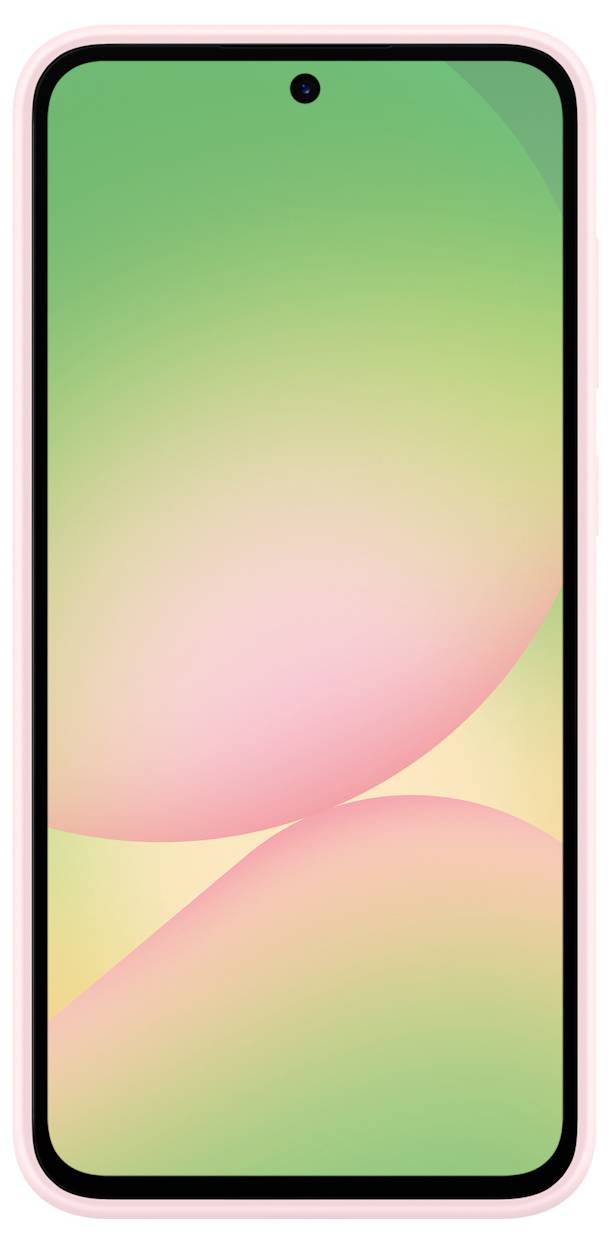 Smartphone mit rosa Rahmen und Display, das einen Farbverlauf von Grün zu Rosa zeigt. Bildschirm ist eingeschaltet, ohne Inhalt.