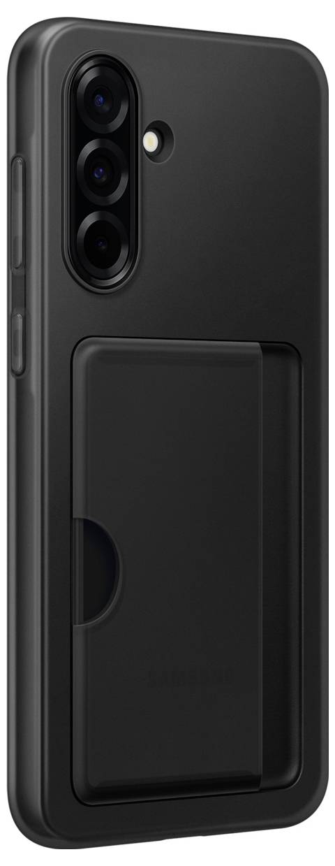 Smartphone mit schwarzer Schutzhülle, drei Kameras auf der Rückseite. Die Hülle hat eine Schiebeklappe zum Aufbewahren von Karten.