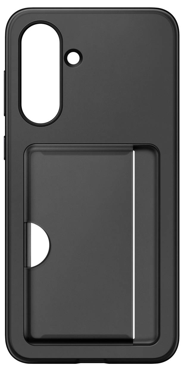 Schwarze Handyhülle mit einem Kartenfach auf der Rückseite, passend für ein Smartphone mit zwei Kameraöffnungen und einem Blitz.