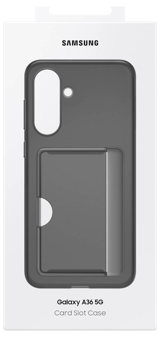 Verpackung einer 'Samsung Galaxy A36 5G' Kartenhülle. Zeigt ein schwarzes Case mit Steckplatz für Karten.