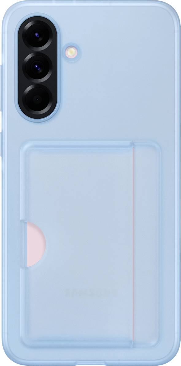 Ein hellblaues Smartphone mit drei Kameralinsen und einem Kartensteckplatz auf der Rückseite.