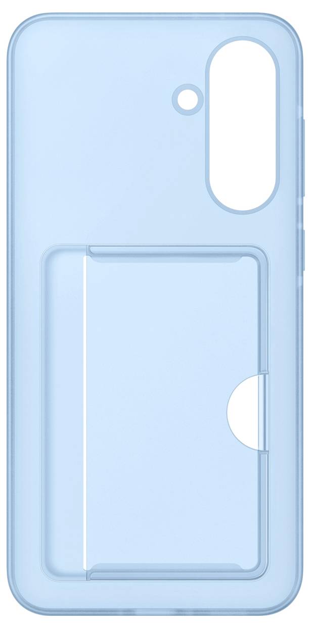 Auf dem Bild ist eine hellblaue Smartphone-Hülle mit integrierter Kartenhalterung zu sehen, die einen Steckplatz für Karten bietet.