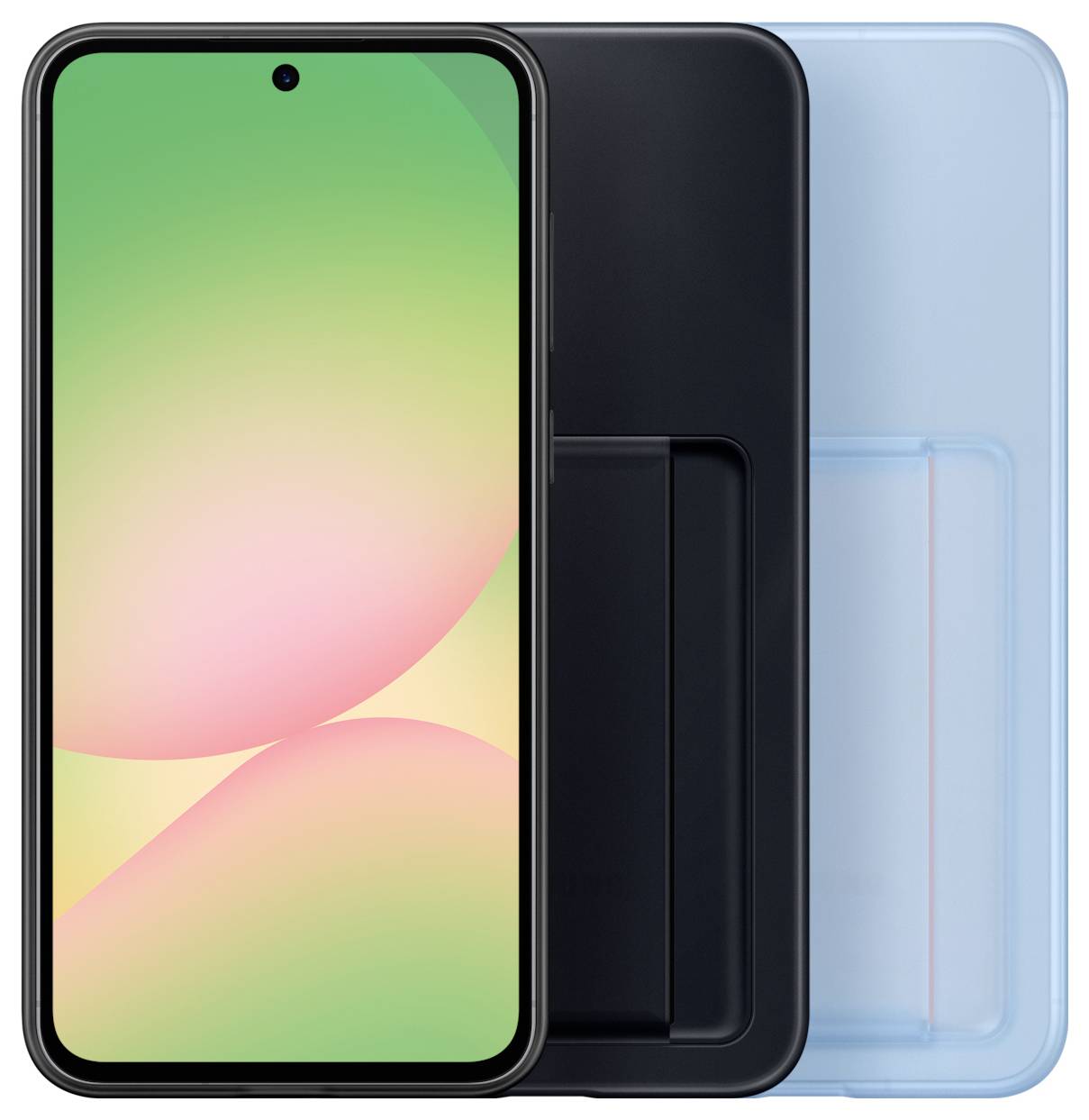 Ein Smartphone mit einem Display, das ein abstraktes, farbenfrohes Muster zeigt. Daneben liegen zwei Hüllen in Schwarz und Blau.