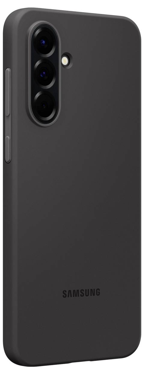 Ein schwarzes Smartphone-Gehäuse mit drei Kameralinsen und einem Blitzmodul auf der Rückseite, Marke 'Samsung'.