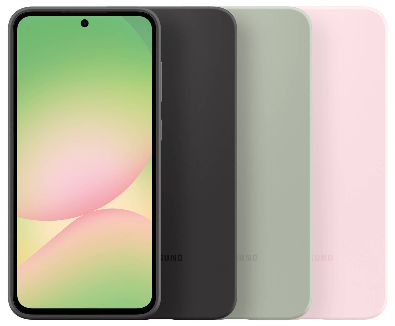 Drei Smartphones in verschiedenen Farben: Schwarz, Grün und Rosa, nebeneinander stehend, zeigen die Rückseite und eine leuchtende Displayansicht.