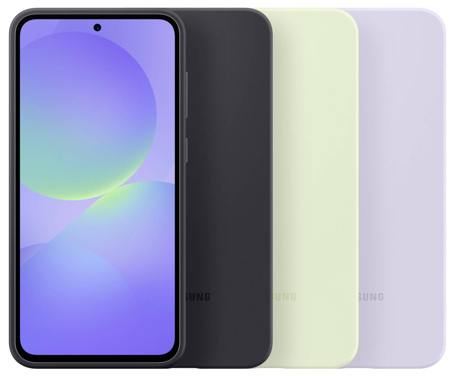 Ein Smartphone in drei Farben: Schwarz, hellgrün und lila. Vorderseite mit großem Display und runder Kameraaussparung oben.